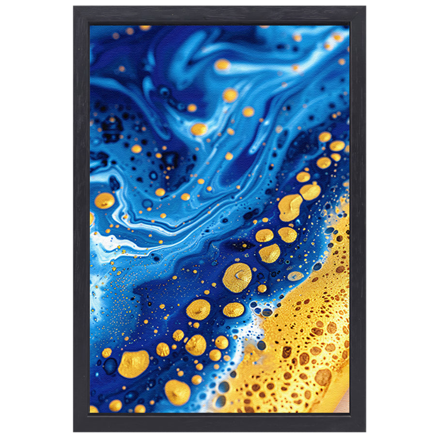 Blauwe en gouden abstracte schilderij canvas met baklijst