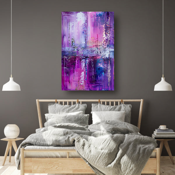 Abstracte kleurrijke compositie in paarse tinten canvas met baklijst