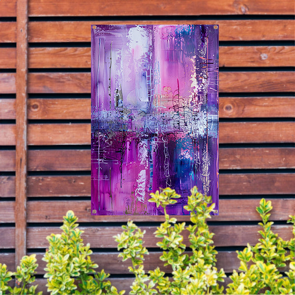 Abstracte kleurrijke compositie in paarse tinten tuinposter