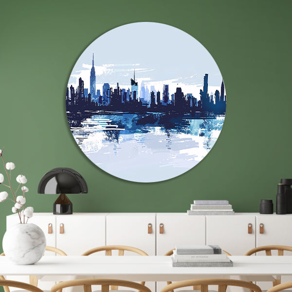 Abstracte skyline met water weerspiegeling aluminium muurcirkel