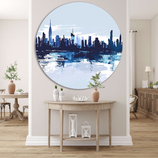 Abstracte skyline met water weerspiegeling aluminium muurcirkel