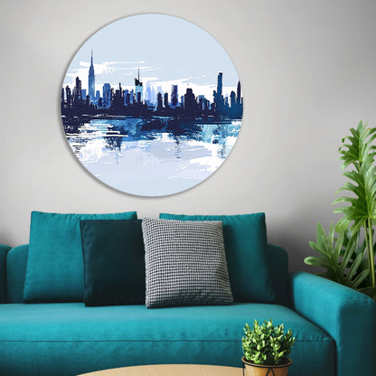 Abstracte skyline met water weerspiegeling aluminium muurcirkel