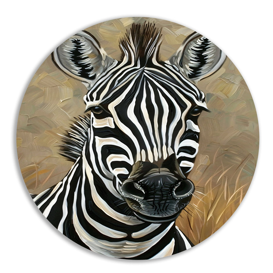 Gedetailleerd zebra schilderij in zwart-wit aluminium muurcirkel