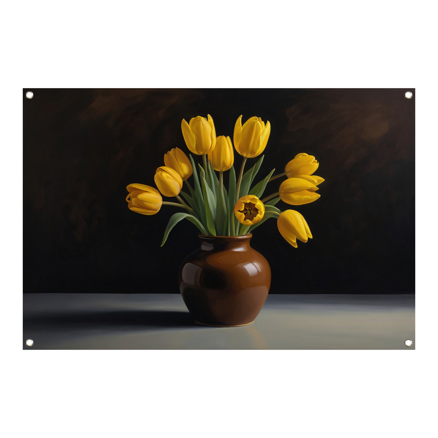 Gele Tulpen in Harmonie met Bruine Vaas tuinposter