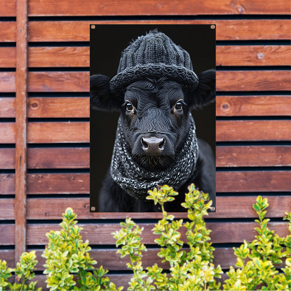 Kalf met muts en sjaal tuinposter