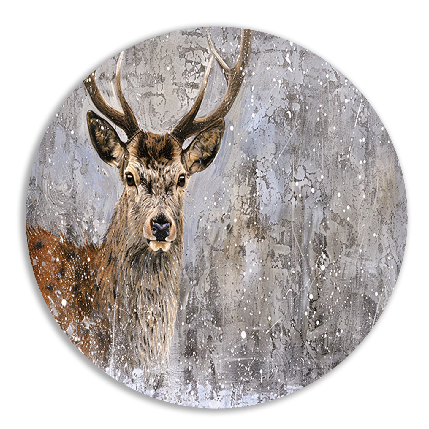 Realistisch schilderij van een hert in sneeuw aluminium muurcirkel