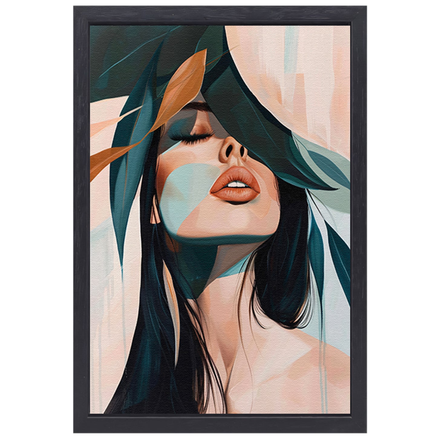 Modern portret van elegante vrouw met bladeren canvas met baklijst