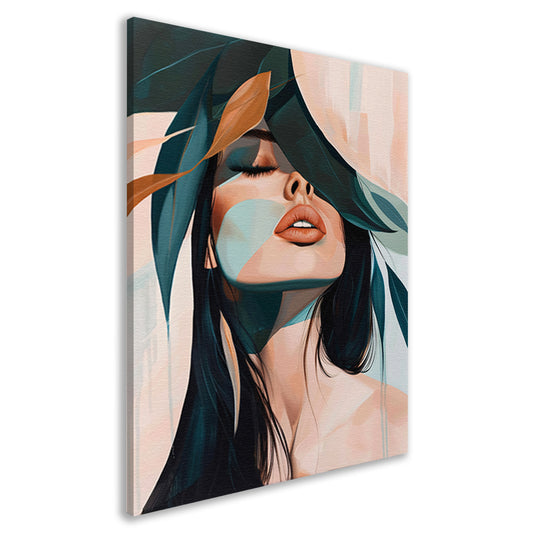 Modern portret van elegante vrouw met bladeren canvas