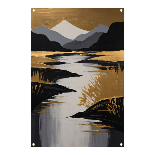 Rustic River Flowing Through Monochrome Mountains tuinposter