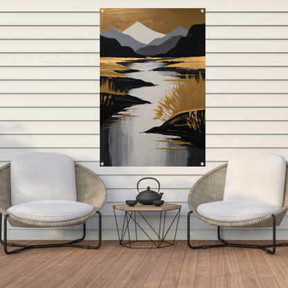 Rustic River Flowing Through Monochrome Mountains tuinposter