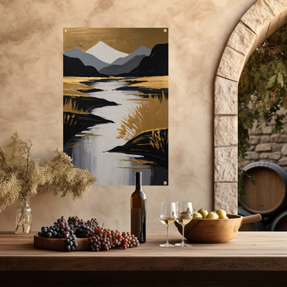 Rustic River Flowing Through Monochrome Mountains tuinposter