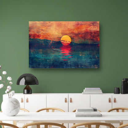 Abstracte kleurrijke zonsondergang over water canvas met baklijst