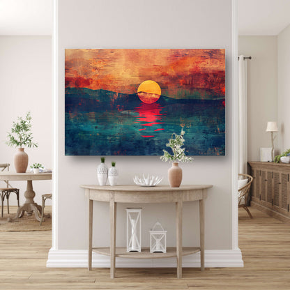 Abstracte kleurrijke zonsondergang over water canvas met baklijst