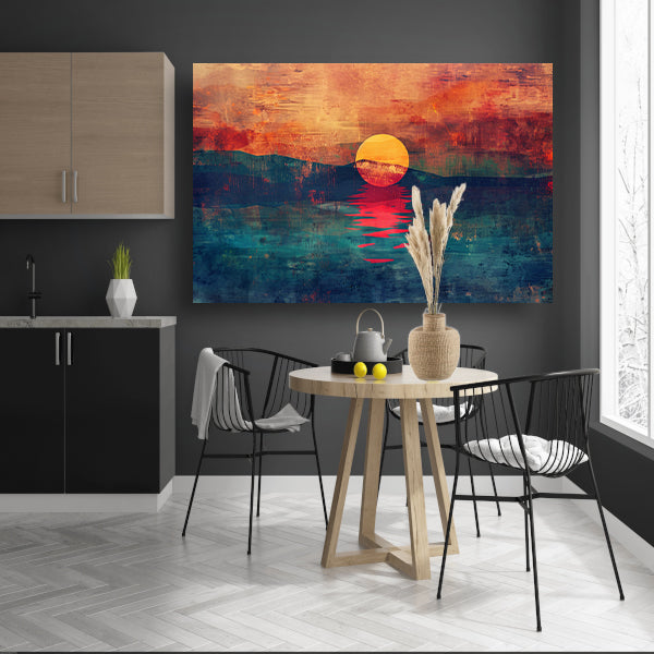Abstracte kleurrijke zonsondergang over water canvas met baklijst