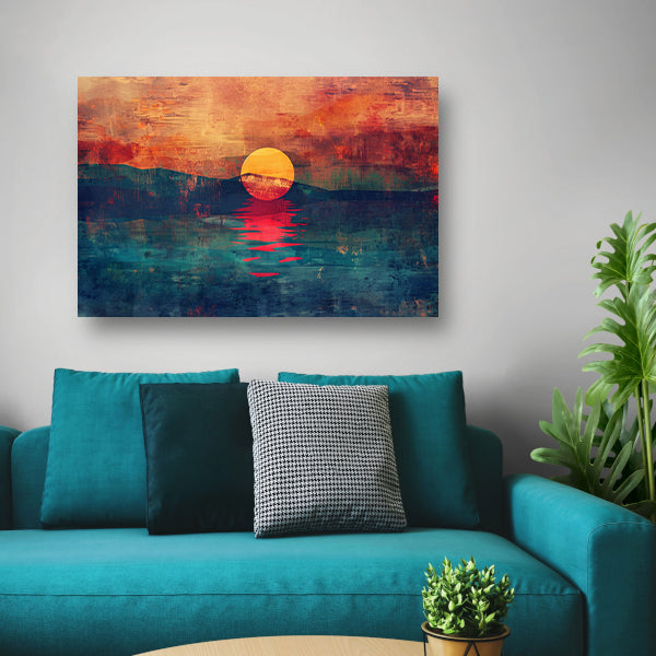 Abstracte kleurrijke zonsondergang over water canvas met baklijst