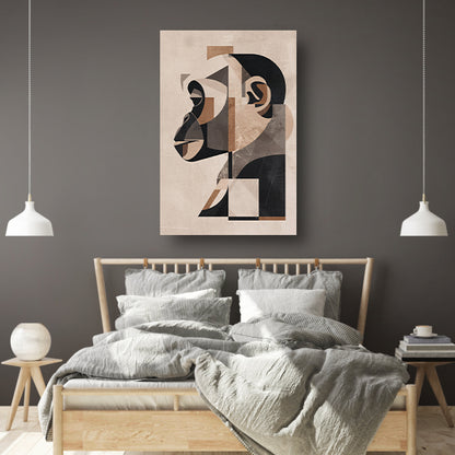 Abstracte Kubistische Aap in Sepiatonen canvas met baklijst