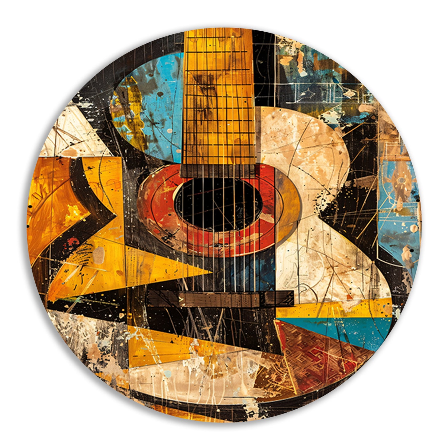 Kubistische Gitaar in Kleur aluminium muurcirkel