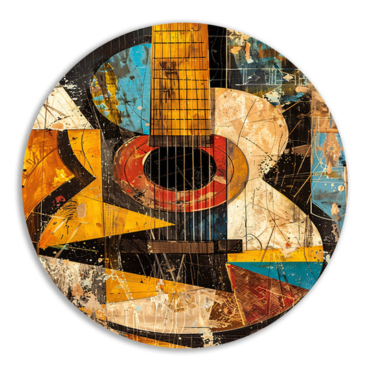 Kubistische Gitaar in Kleur aluminium muurcirkel