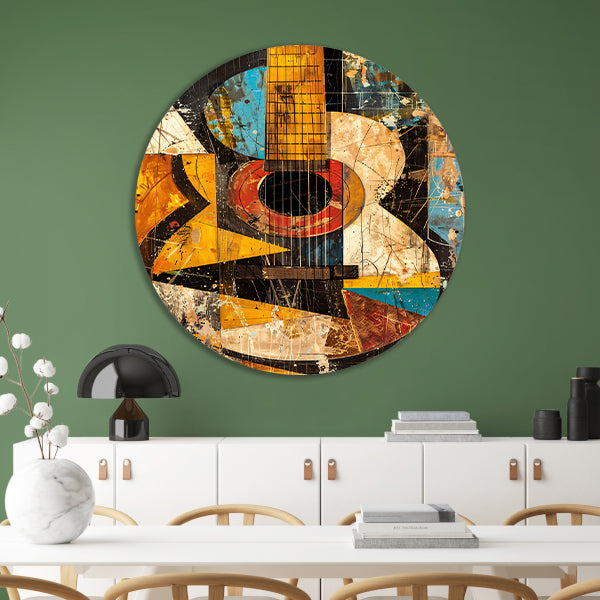 Kubistische Gitaar in Kleur aluminium muurcirkel