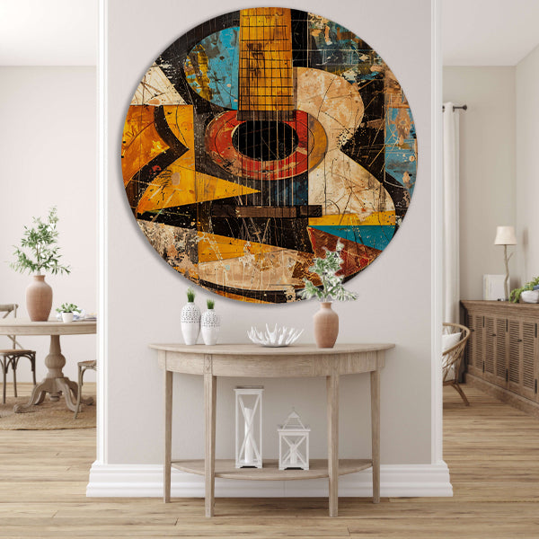 Kubistische Gitaar in Kleur aluminium muurcirkel