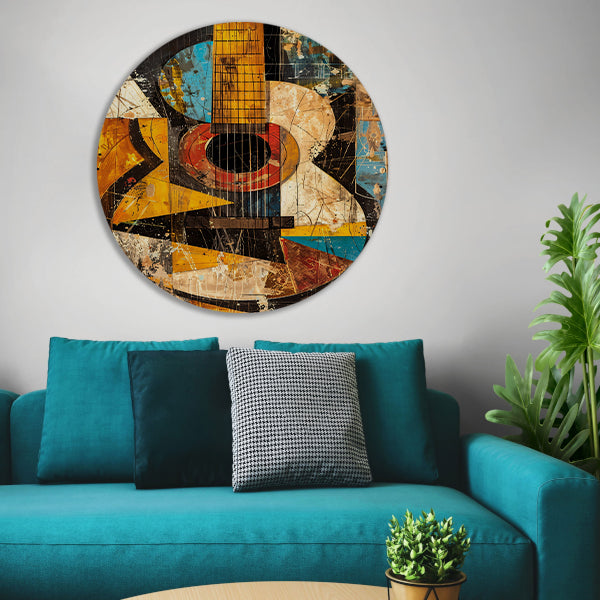 Kubistische Gitaar in Kleur aluminium muurcirkel