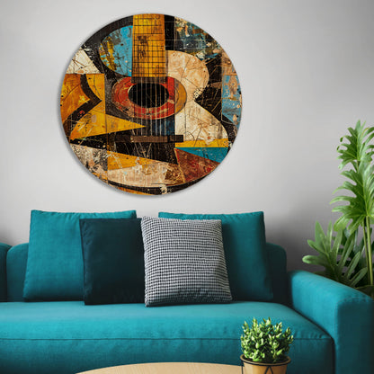 Kubistische Gitaar in Kleur aluminium muurcirkel