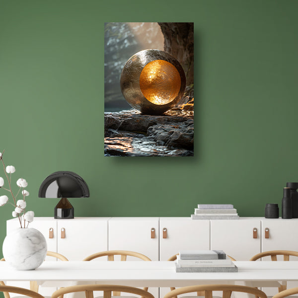 Gouden bolvormige sculptuur in grot canvas met baklijst