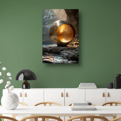 Gouden bolvormige sculptuur in grot canvas met baklijst