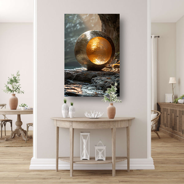 Gouden bolvormige sculptuur in grot canvas met baklijst