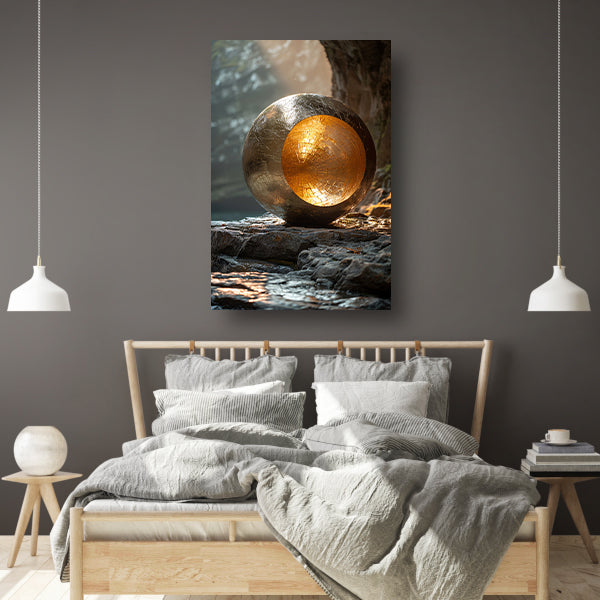 Gouden bolvormige sculptuur in grot canvas met baklijst