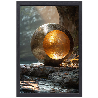 Gouden bolvormige sculptuur in grot canvas met baklijst