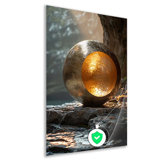Gouden bolvormige sculptuur in grot poster