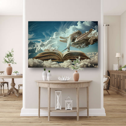 Surrealistische hand die wolken schrijft   canvas