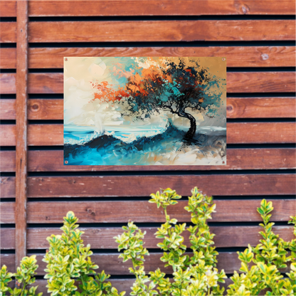 Expressieve Abstracte Boom aan Zee met Levendige Kleuren tuinposter