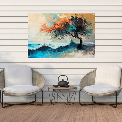 Expressieve Abstracte Boom aan Zee met Levendige Kleuren tuinposter