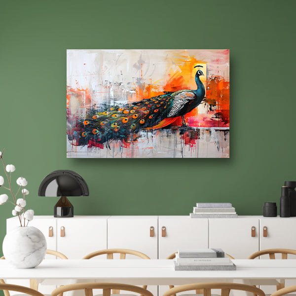 Kleurrijk abstract schilderij van een pauw canvas met baklijst