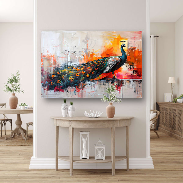 Kleurrijk abstract schilderij van een pauw acrylglas