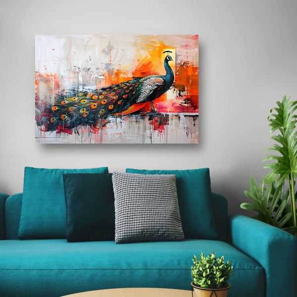 Kleurrijk abstract schilderij van een pauw canvas met baklijst