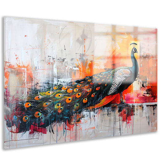 Kleurrijk abstract schilderij van een pauw acrylglas