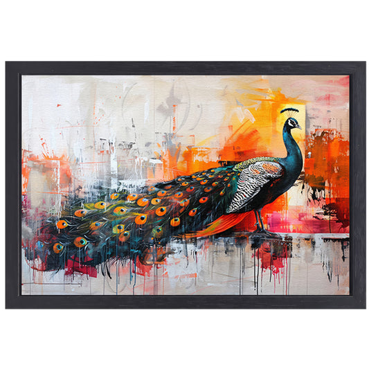 Kleurrijk abstract schilderij van een pauw canvas met baklijst