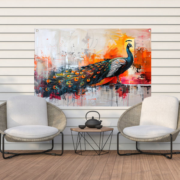 Kleurrijk abstract schilderij van een pauw tuinposter