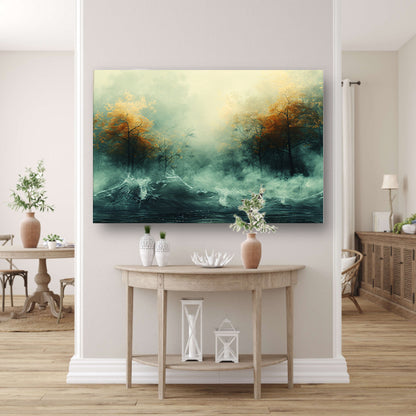 Mystieke herfstbomen boven woelige wateren canvas