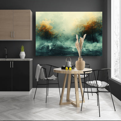 Mystieke herfstbomen boven woelige wateren canvas