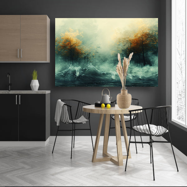 Mystieke herfstbomen boven woelige wateren canvas met baklijst