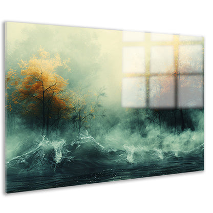 Mystieke herfstbomen boven woelige wateren acrylglas