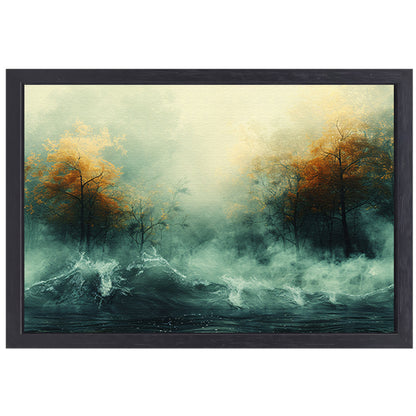 Mystieke herfstbomen boven woelige wateren canvas met baklijst
