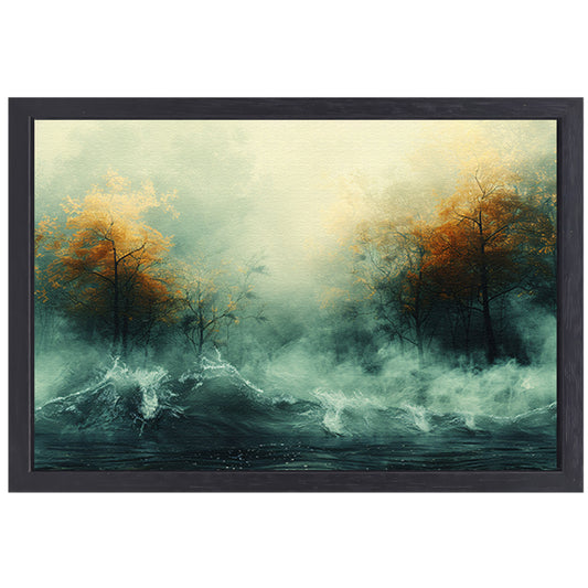 Mystieke herfstbomen boven woelige wateren canvas met baklijst
