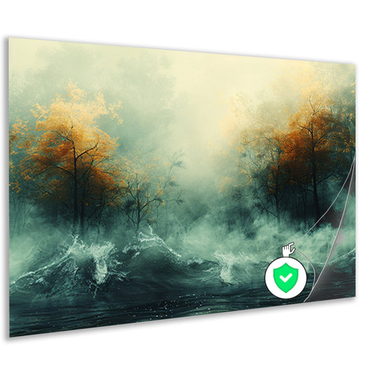 Mystieke herfstbomen boven woelige wateren poster