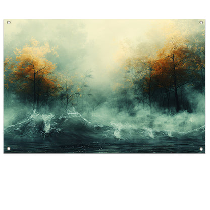 Mystieke herfstbomen boven woelige wateren tuinposter