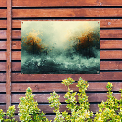 Mystieke herfstbomen boven woelige wateren tuinposter